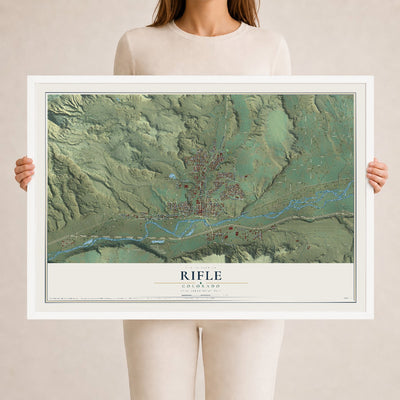 Map of Rifle, Colorado, 24 x 36 inch print in a white wood frame