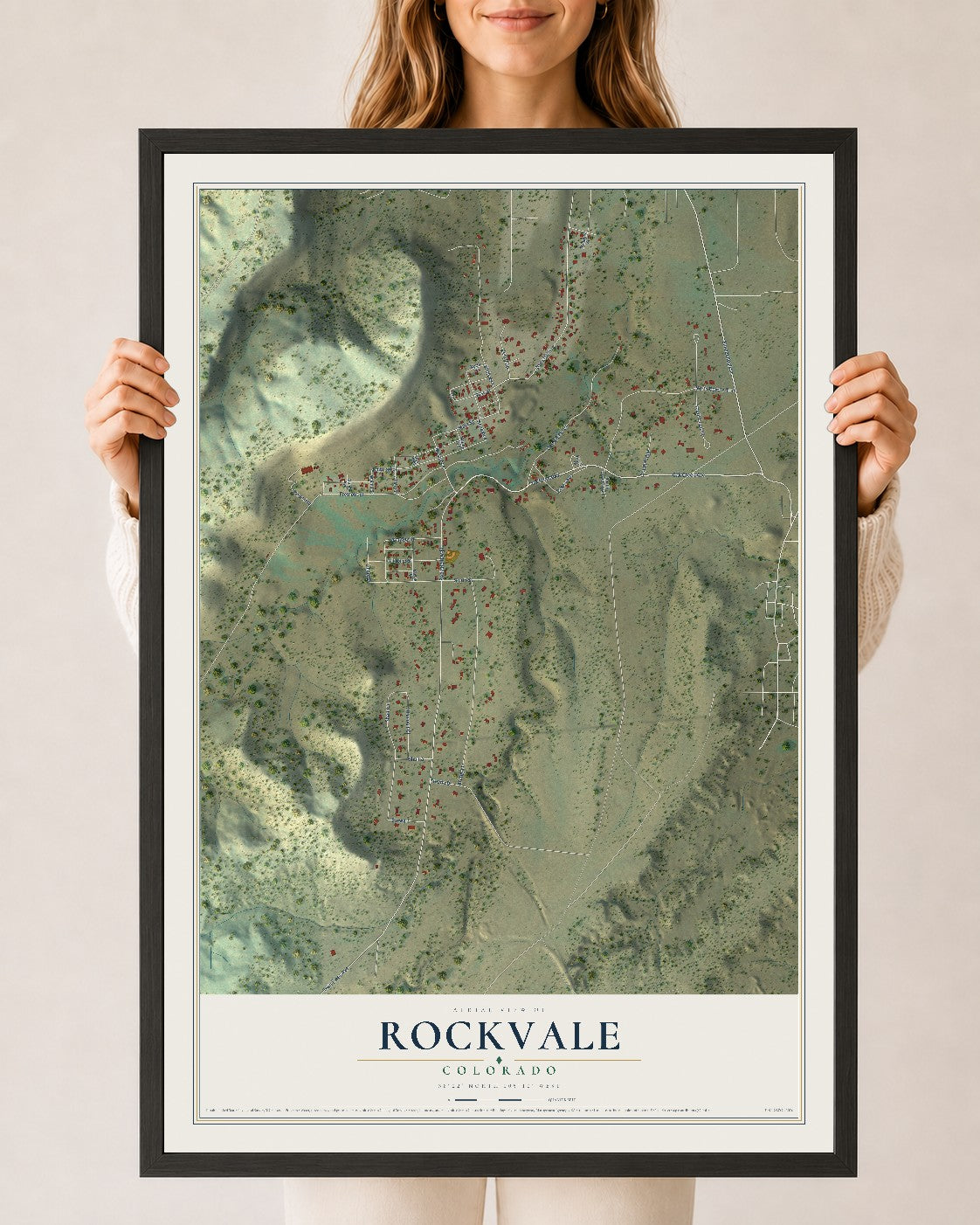 Map of Rockvale, Colorado, 24 x 36 inch print in a black wood frame