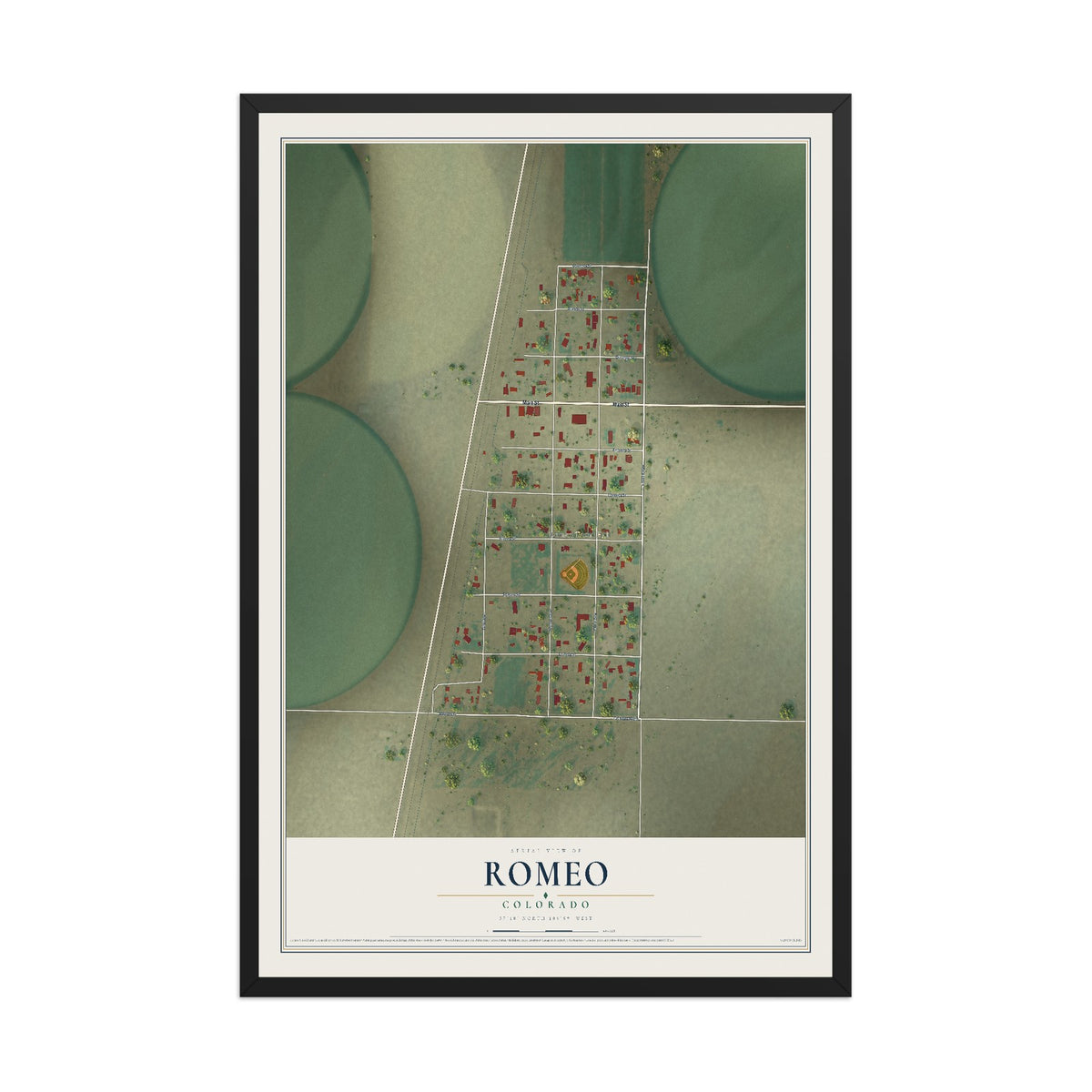 Map of Romeo, Colorado, 12 x 18 inch print in a black wood frame
