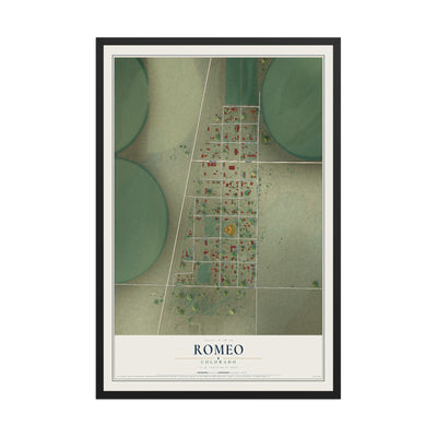 Map of Romeo, Colorado, 12 x 18 inch print in a black wood frame