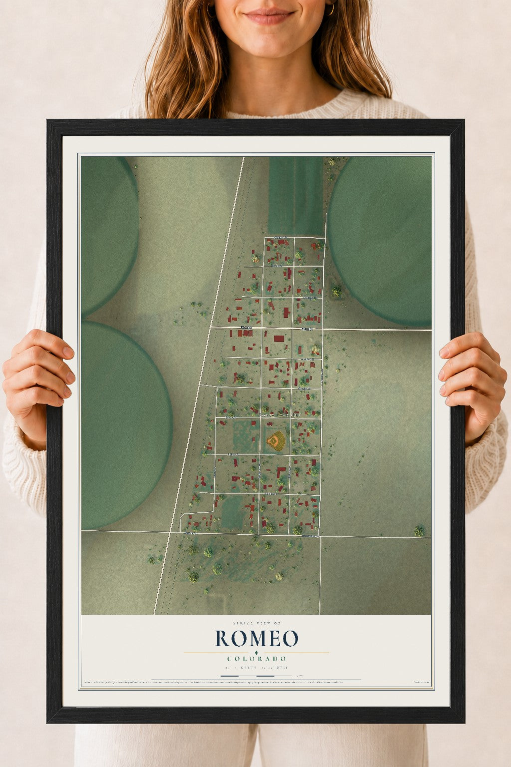 Map of Romeo, Colorado, 18 x 24 inch print in a black wood frame
