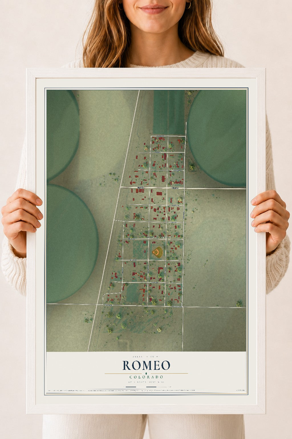 Map of Romeo, Colorado, 18 x 24 inch print in a white wood frame