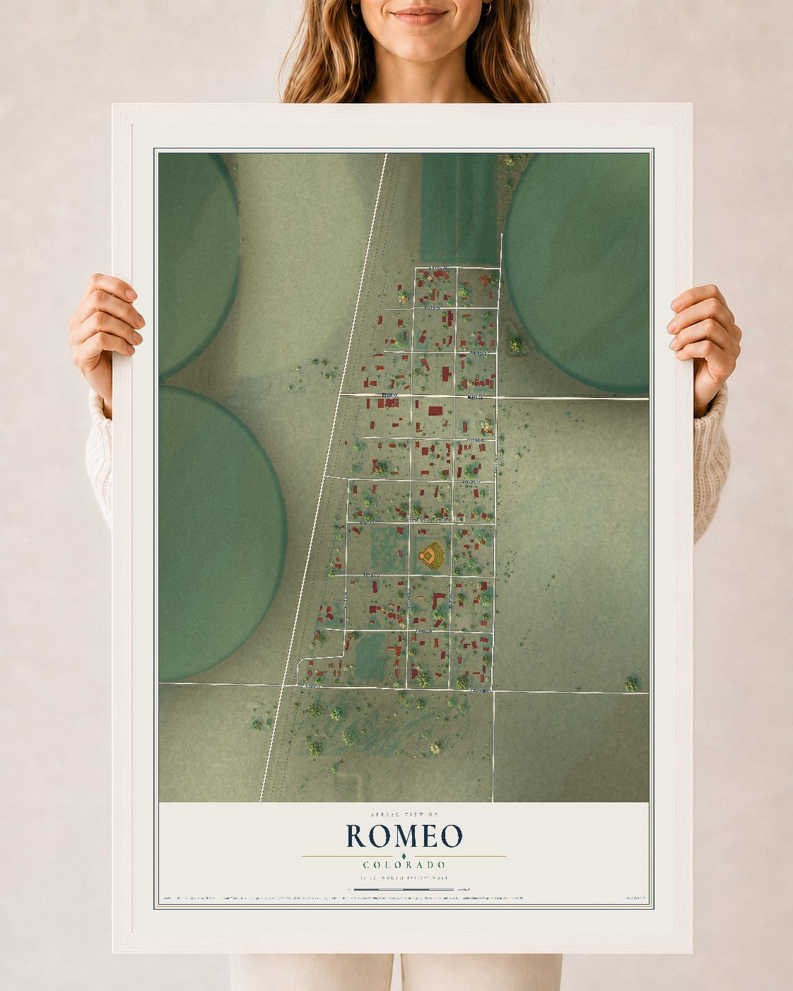 Map of Romeo, Colorado, 24 x 36 inch print in a white wood frame