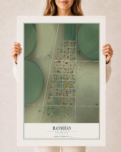 Map of Romeo, Colorado, 24 x 36 inch print in a white wood frame