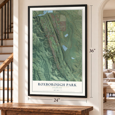 Roxborough Park, Colorado map, 24 x 36 inch print in a black frame by a staircase
