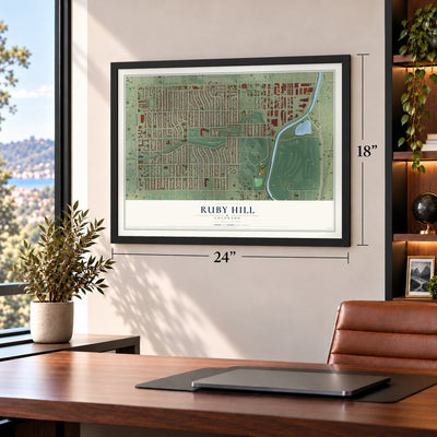 Ruby Hill, Colorado map, 18 x 24 inch print in a black frame in a home office