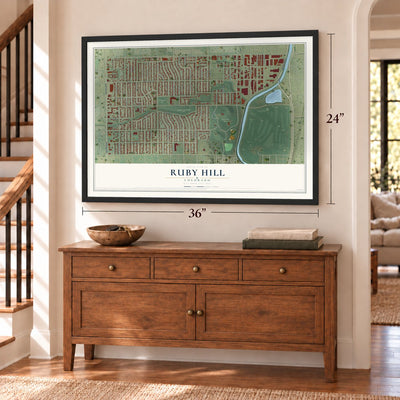 Ruby Hill, Colorado map, 24 x 36 inch print in a black frame above a dresser by a staircase