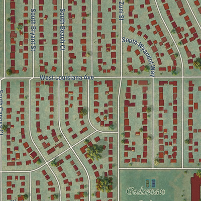 Close-up of the map of Ruby Hill, Colorado print showing street and building detail