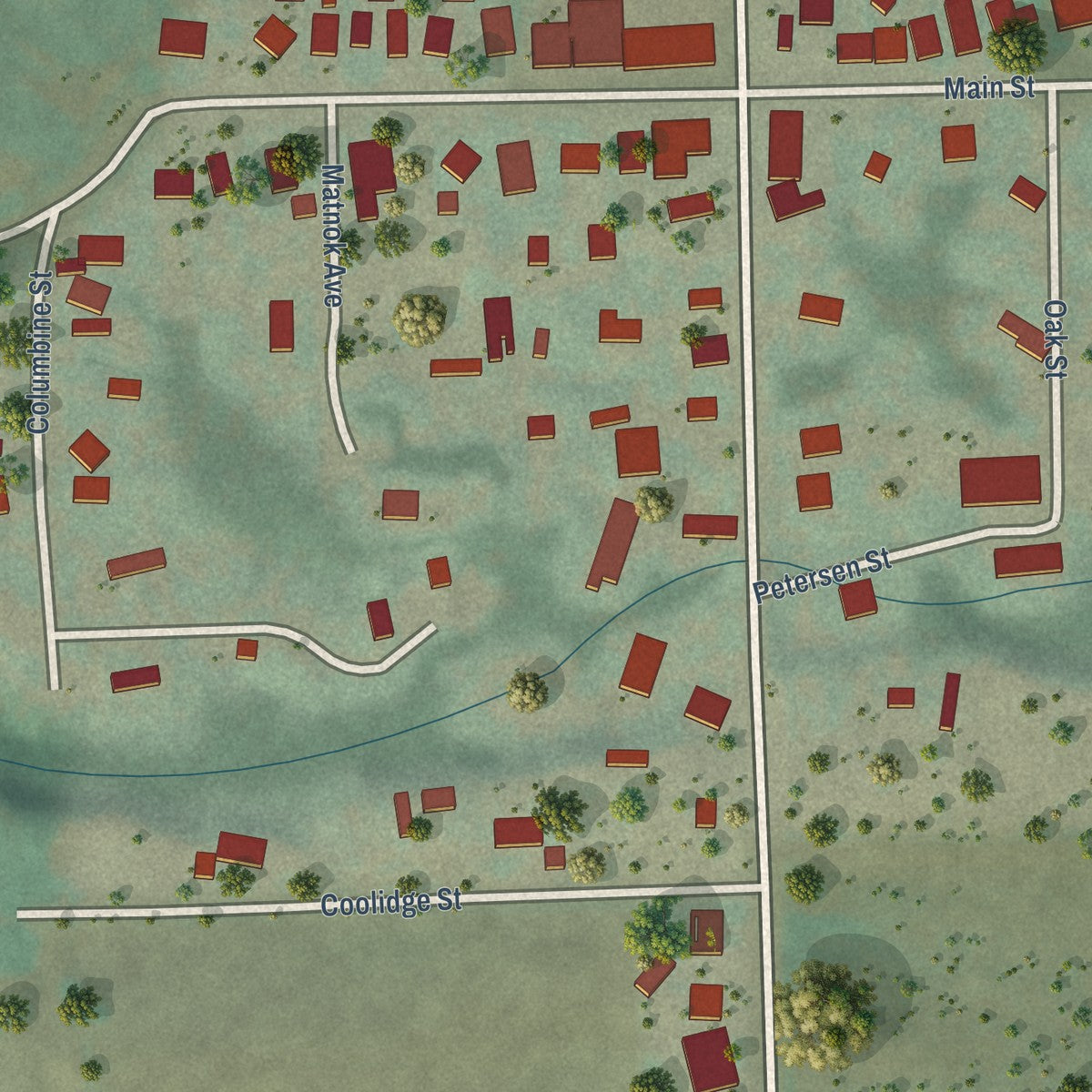 Close-up of the map of Rye, Colorado print showing street and building detail