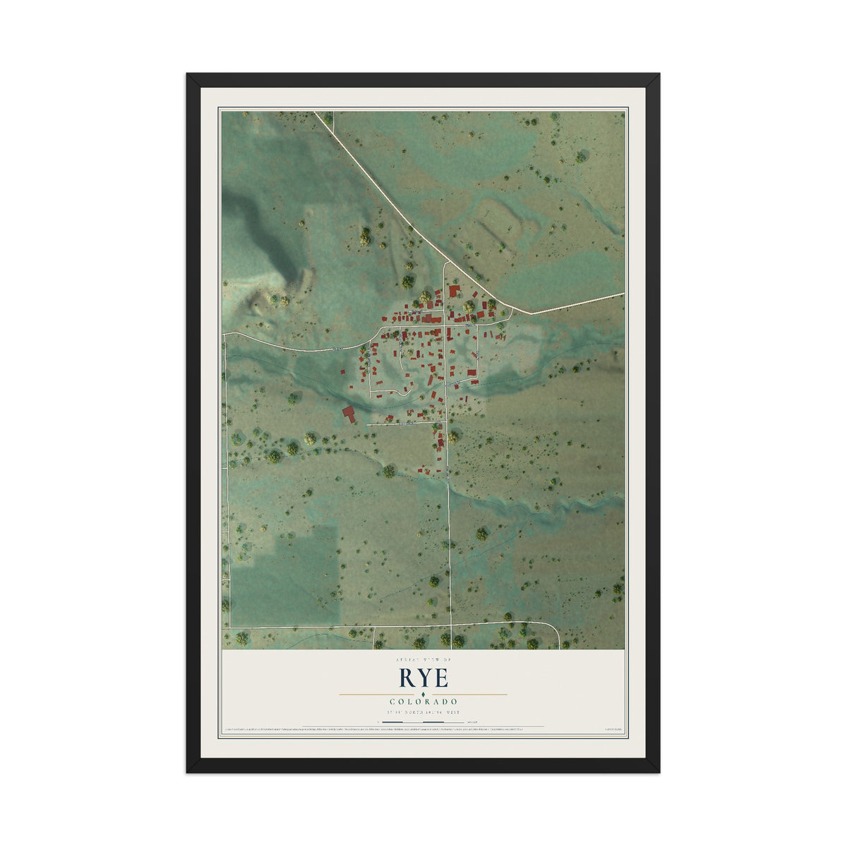 Map of Rye, Colorado, 12 x 18 inch print in a black wood frame