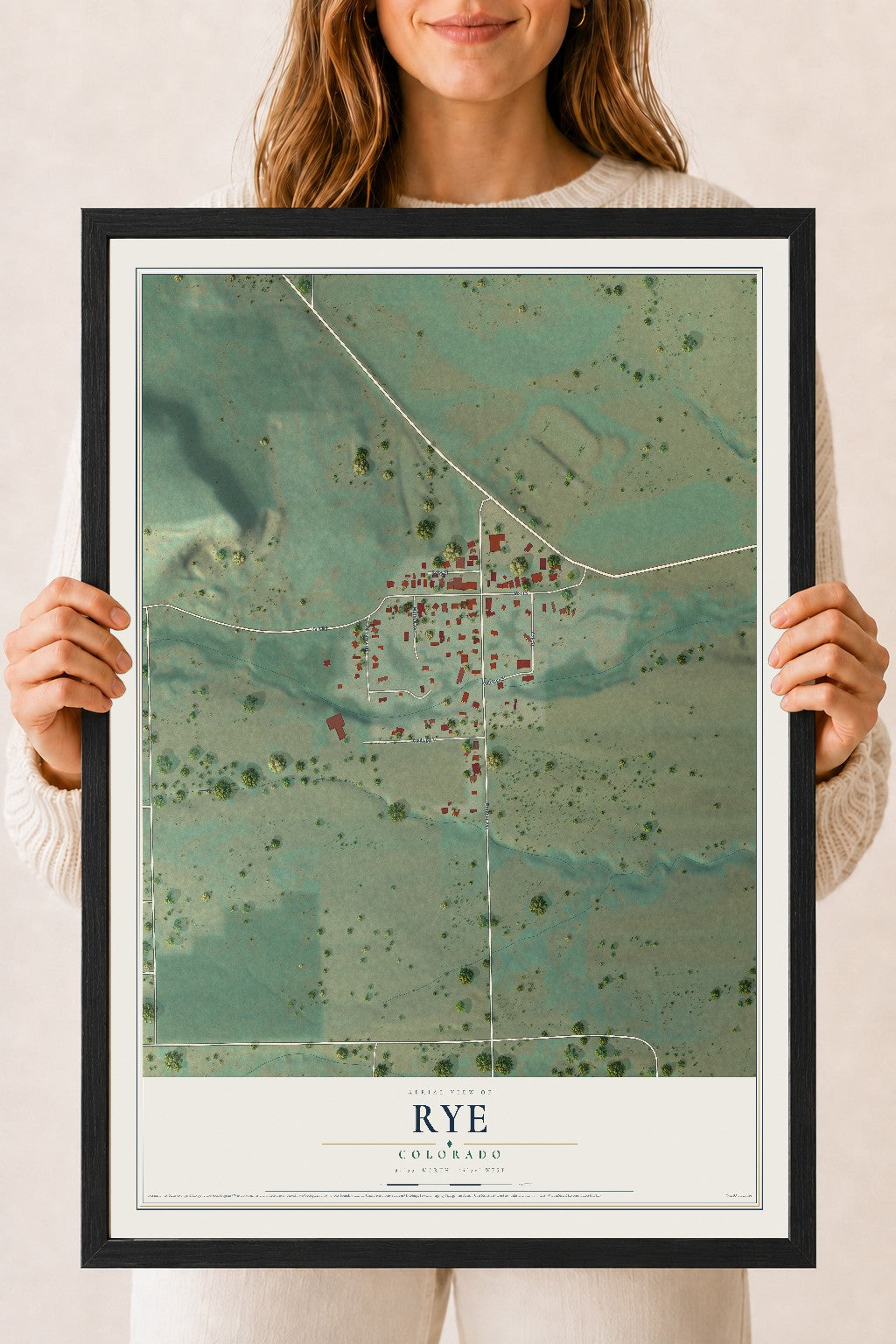 Map of Rye, Colorado, 18 x 24 inch print in a black wood frame