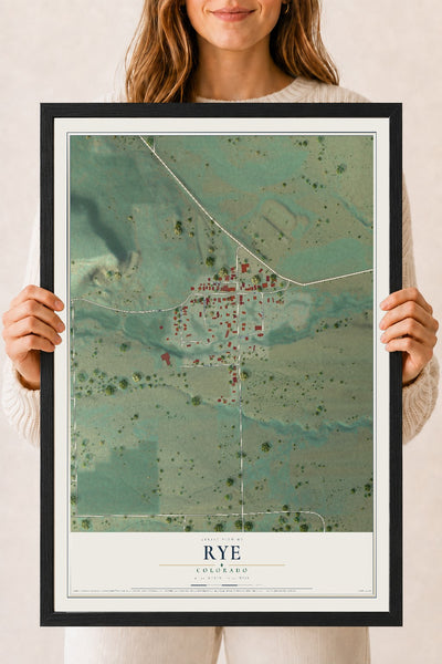 Map of Rye, Colorado, 18 x 24 inch print in a black wood frame