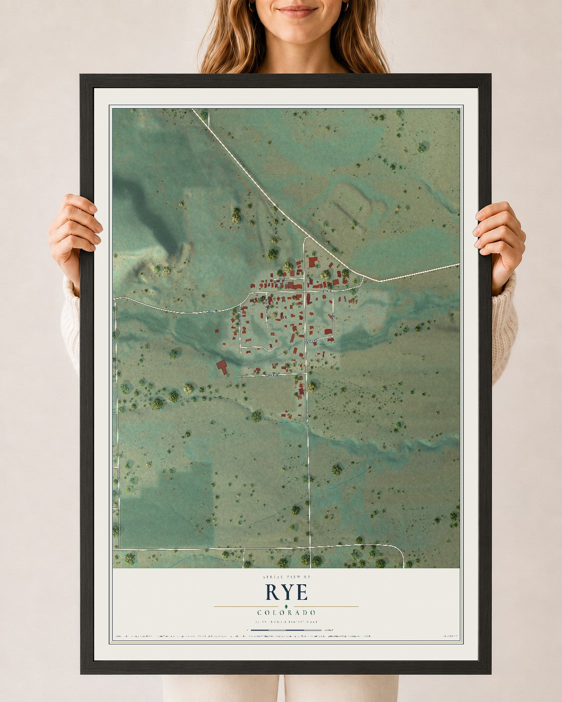 Map of Rye, Colorado, 24 x 36 inch print in a black wood frame