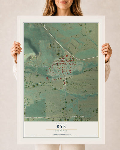 Map of Rye, Colorado, 24 x 36 inch print in a white wood frame