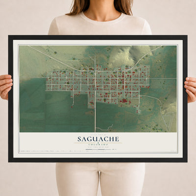 Map of Saguache, Colorado, 18 x 24 inch print in a black wood frame
