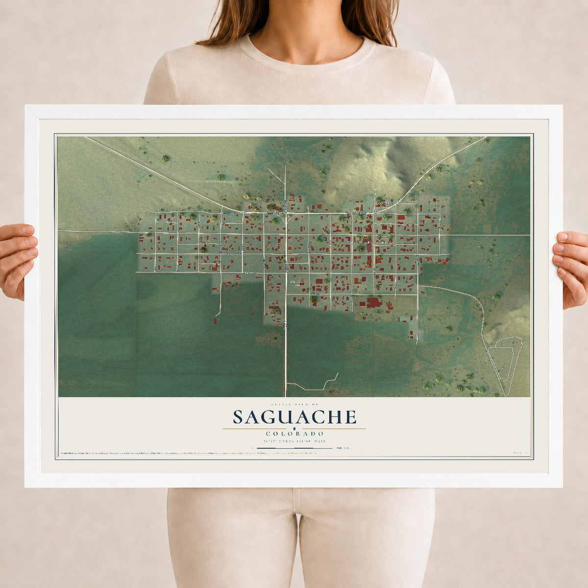 Map of Saguache, Colorado, 18 x 24 inch print in a white wood frame