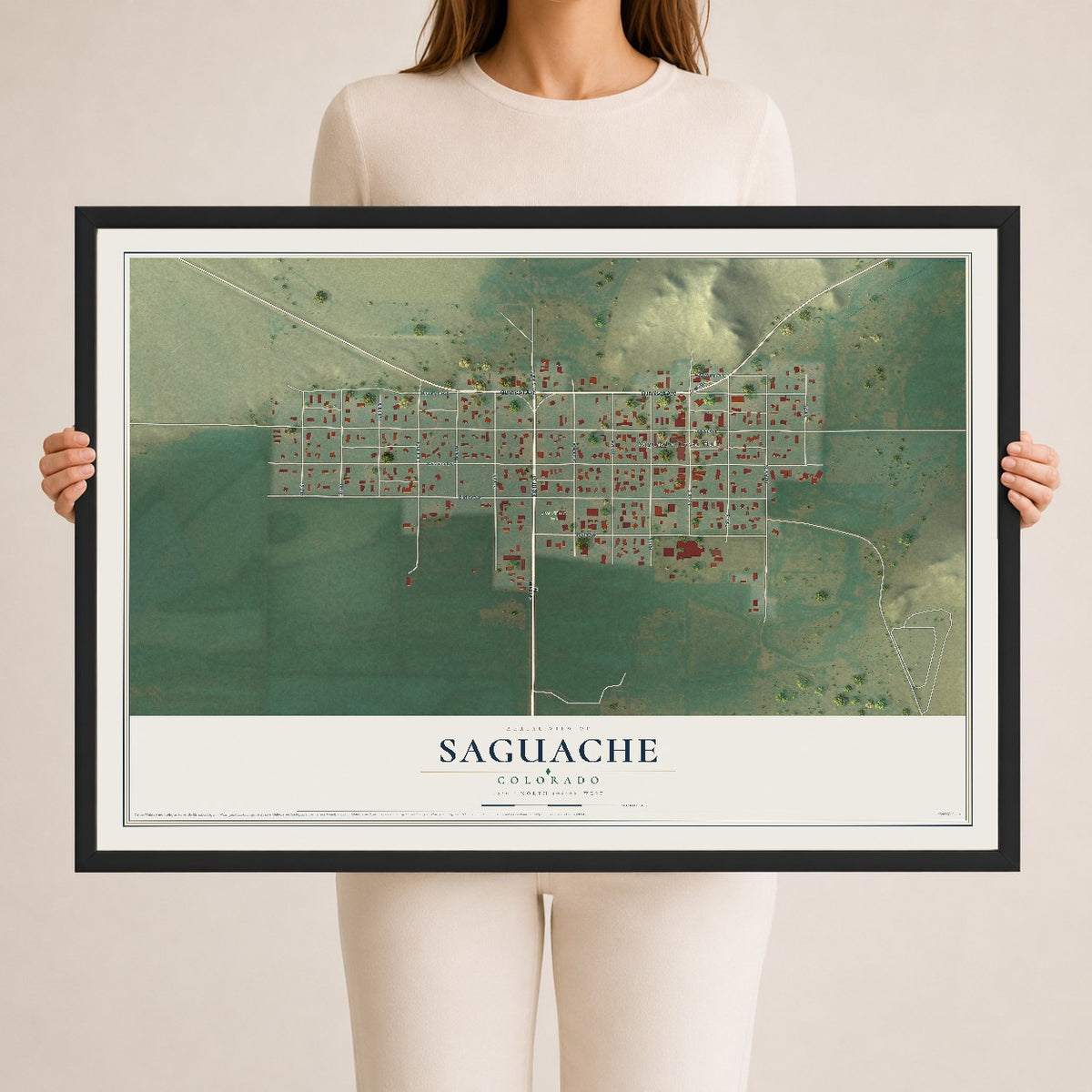 Map of Saguache, Colorado, 24 x 36 inch print in a black wood frame