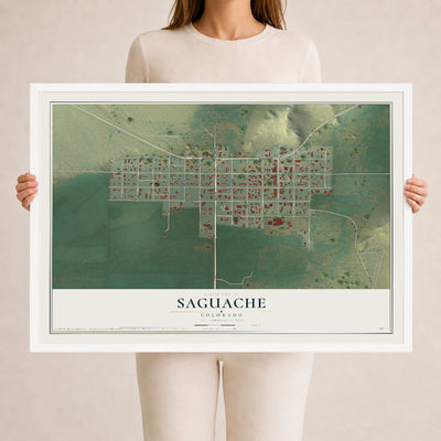Map of Saguache, Colorado, 24 x 36 inch print in a white wood frame