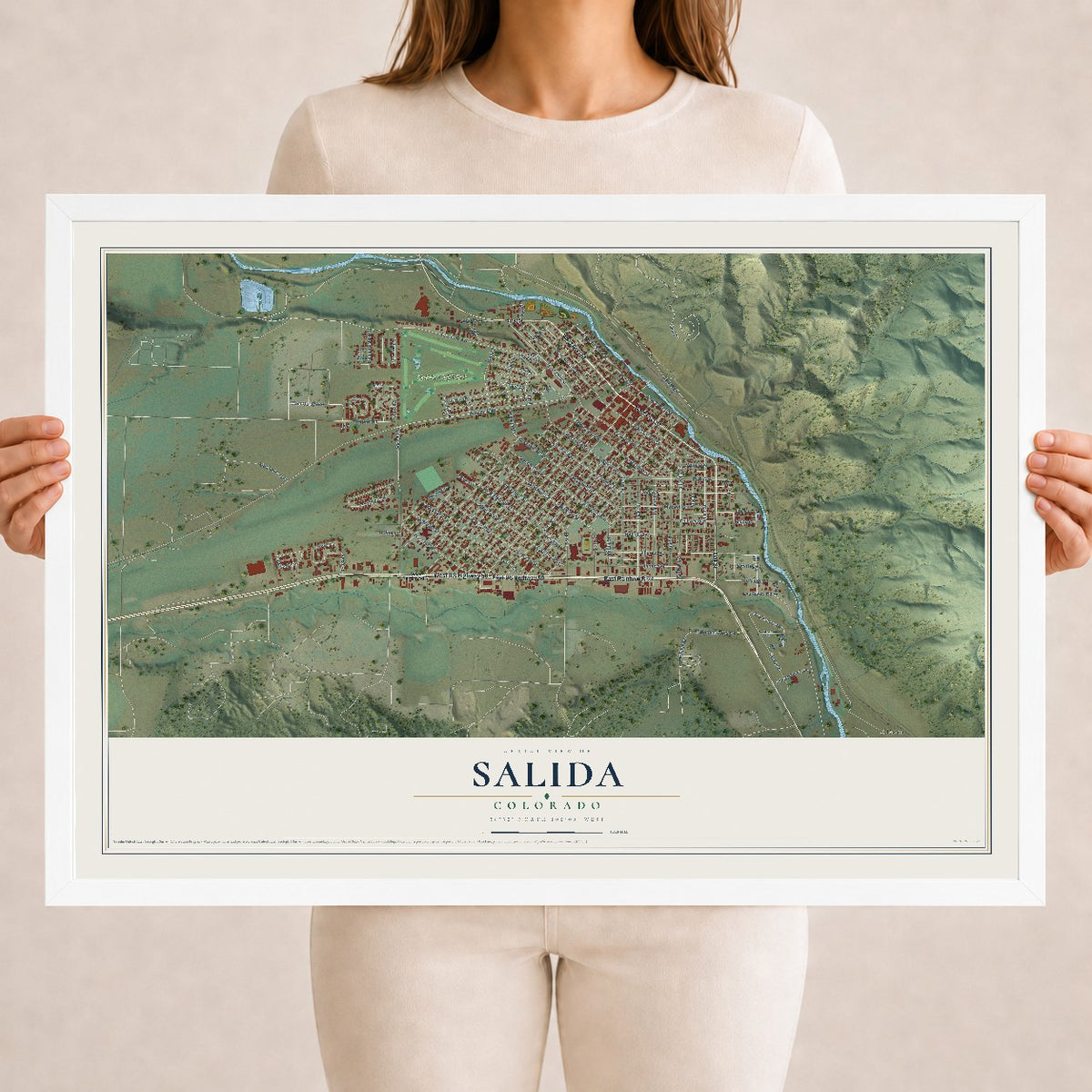 Map of Salida, Colorado, 18 x 24 inch print in a white wood frame