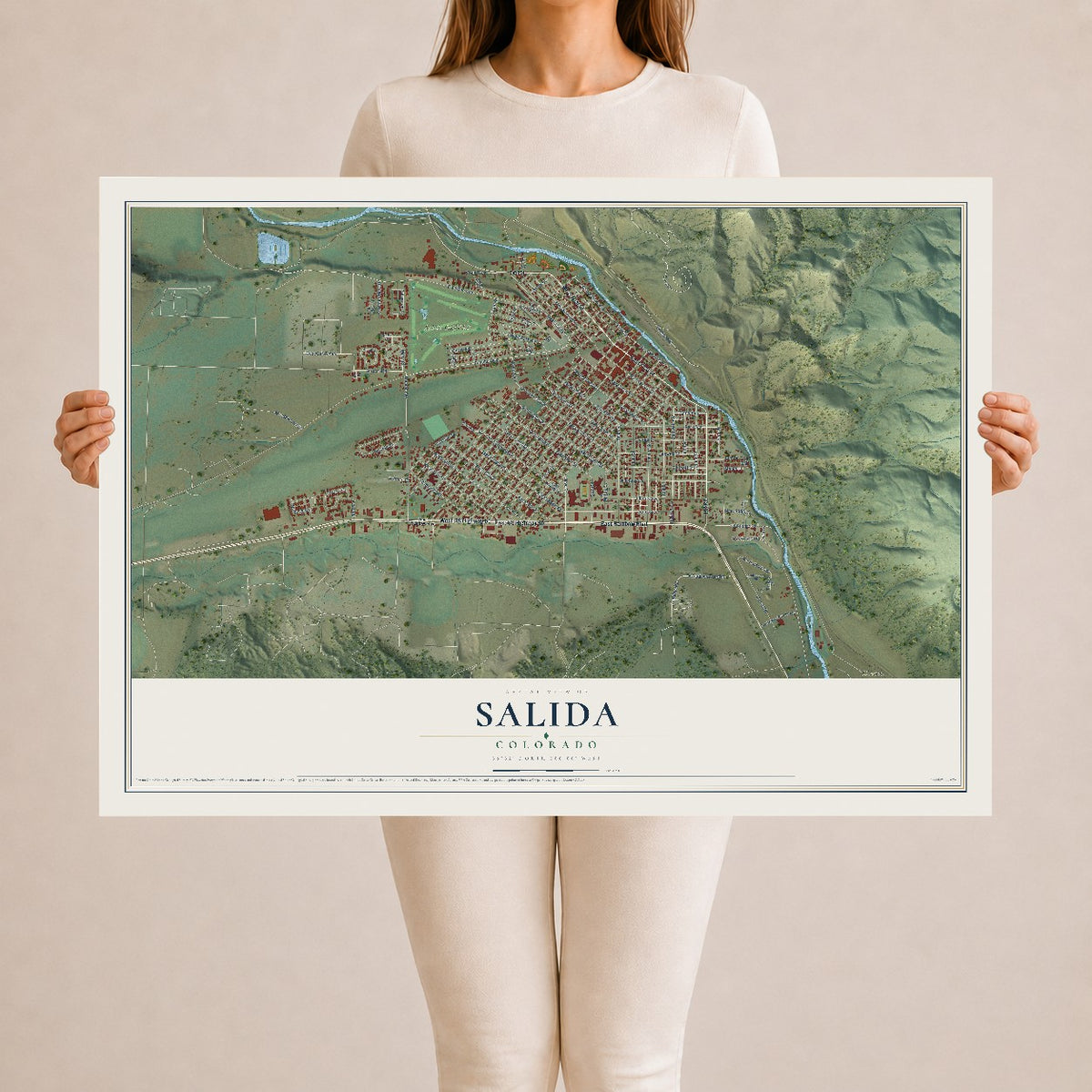 Map of Salida, Colorado, 24 x 36 inch unframed archival matte print