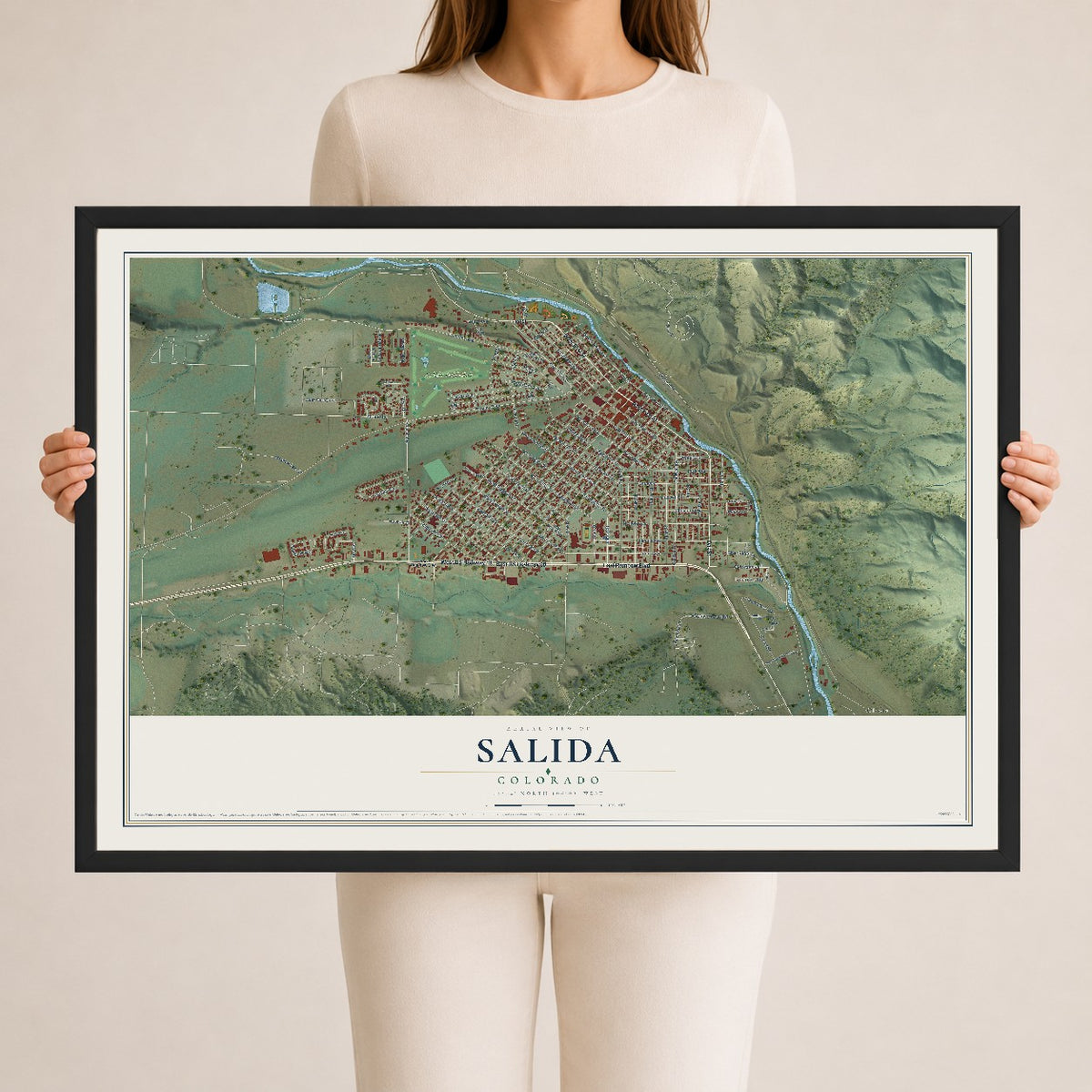 Map of Salida, Colorado, 24 x 36 inch print in a black wood frame