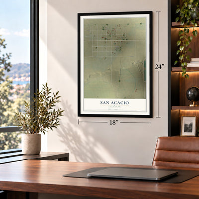 San Acacio, Colorado map, 18 x 24 inch print in a black frame in a home office