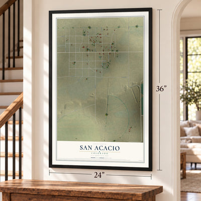San Acacio, Colorado map, 24 x 36 inch print in a black frame by a staircase