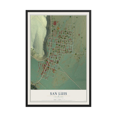 Map of San Luis, Colorado, 12 x 18 inch print in a black wood frame