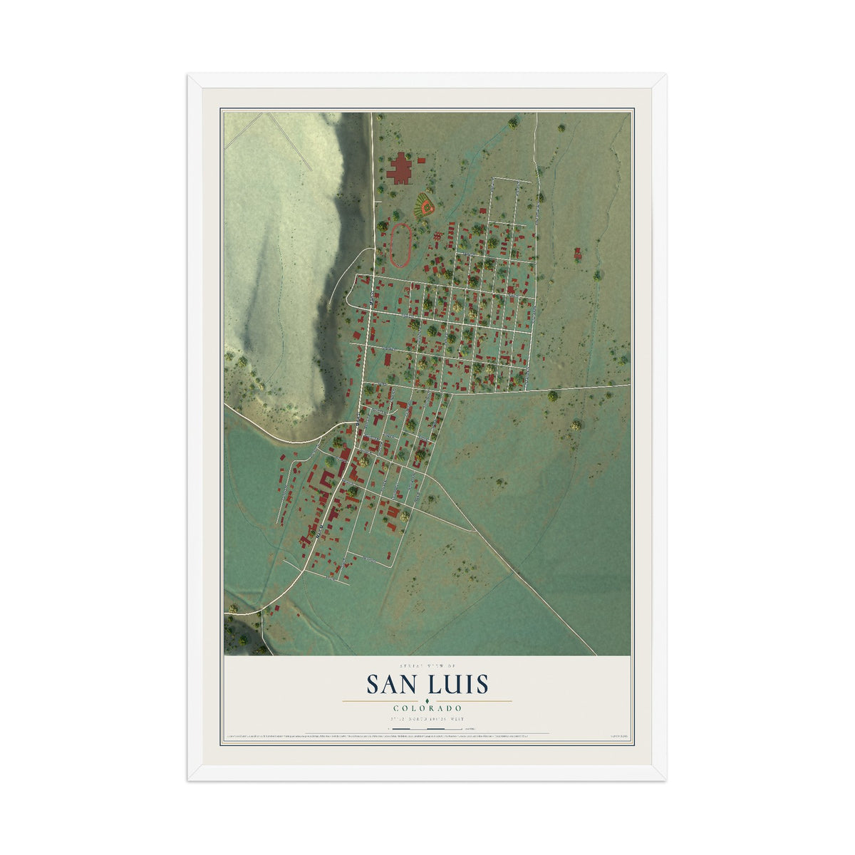 Map of San Luis, Colorado, 12 x 18 inch print in a white wood frame