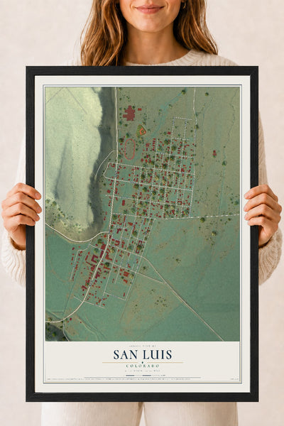Map of San Luis, Colorado, 18 x 24 inch print in a black wood frame