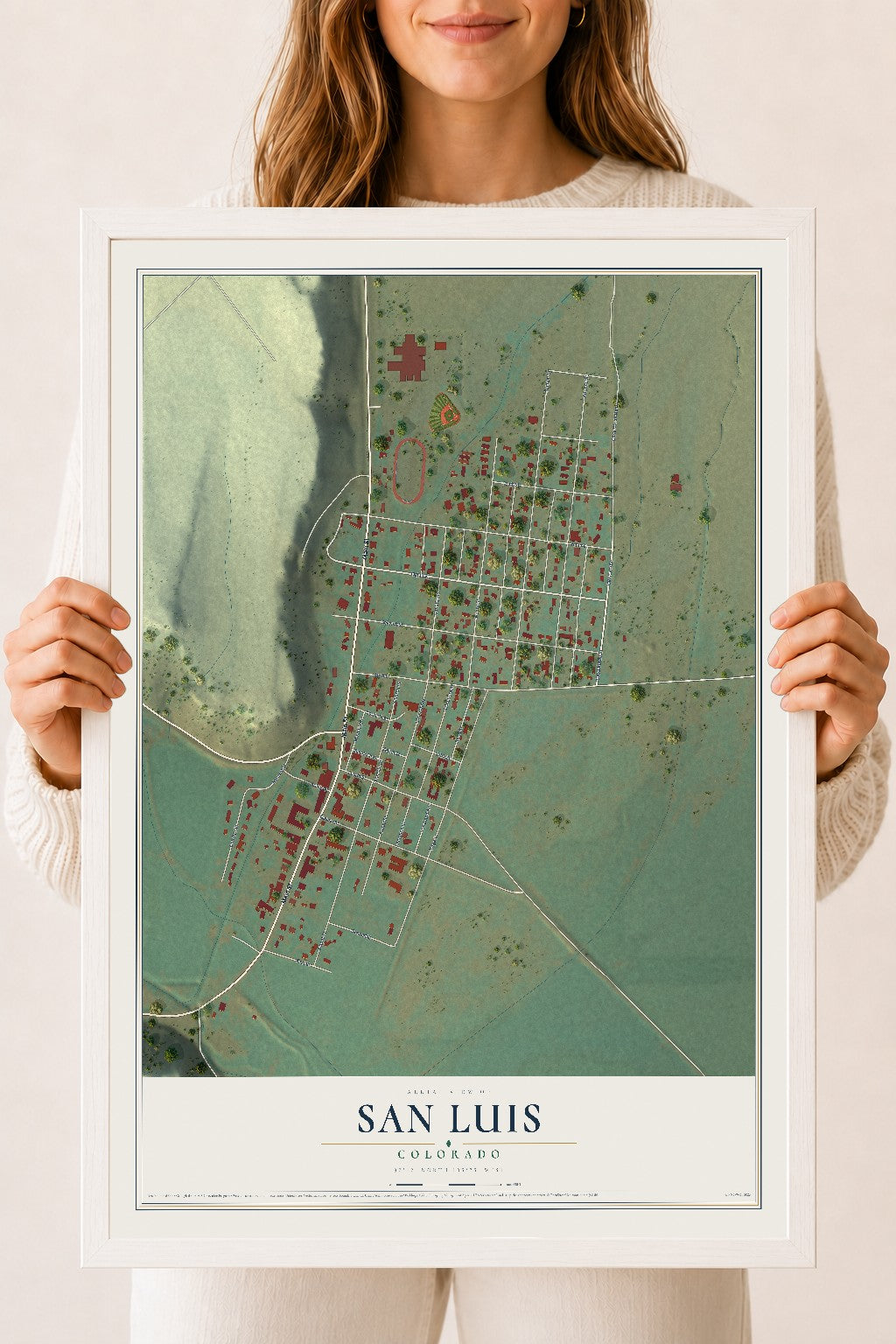 Map of San Luis, Colorado, 18 x 24 inch print in a white wood frame