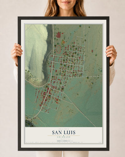 Map of San Luis, Colorado, 24 x 36 inch print in a black wood frame