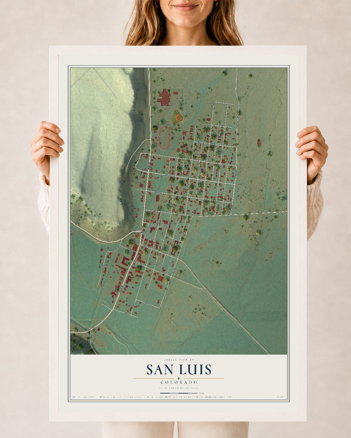 Map of San Luis, Colorado, 24 x 36 inch print in a white wood frame