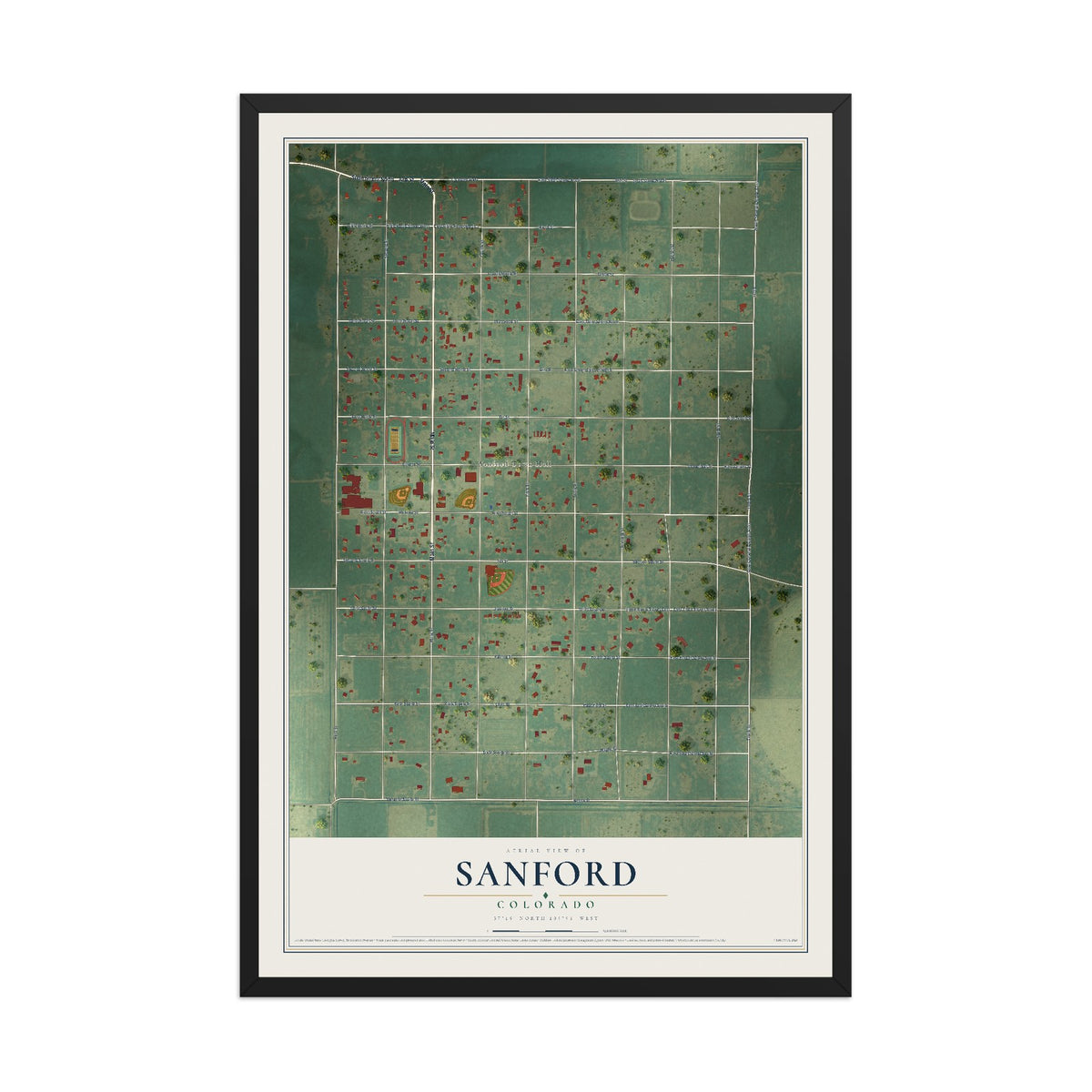 Map of Sanford, Colorado, 12 x 18 inch print in a black wood frame