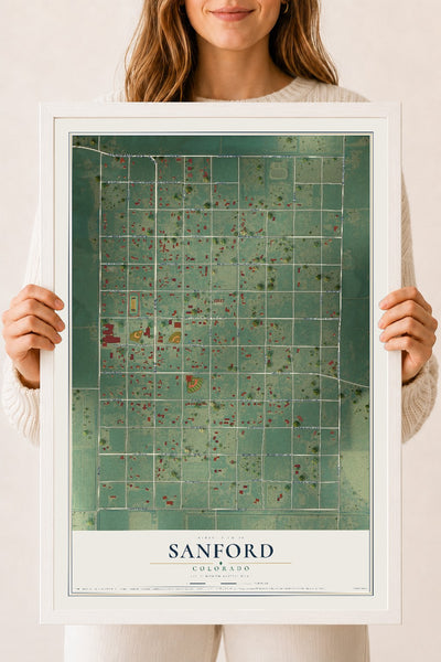 Map of Sanford, Colorado, 18 x 24 inch print in a white wood frame
