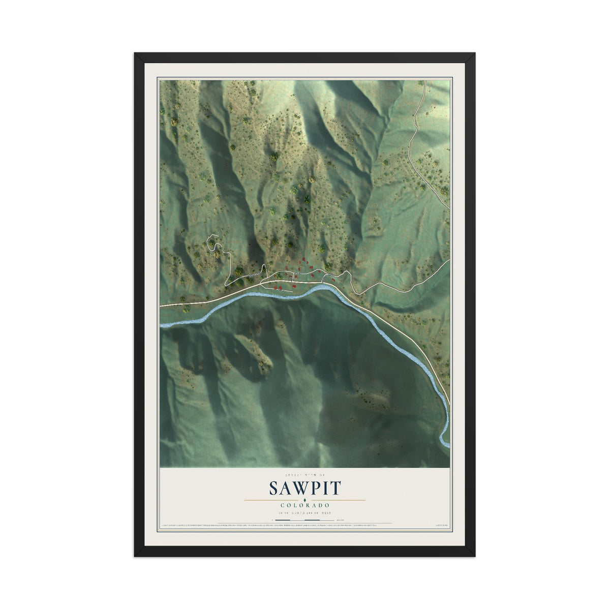 Map of Sawpit, Colorado, 12 x 18 inch print in a black wood frame