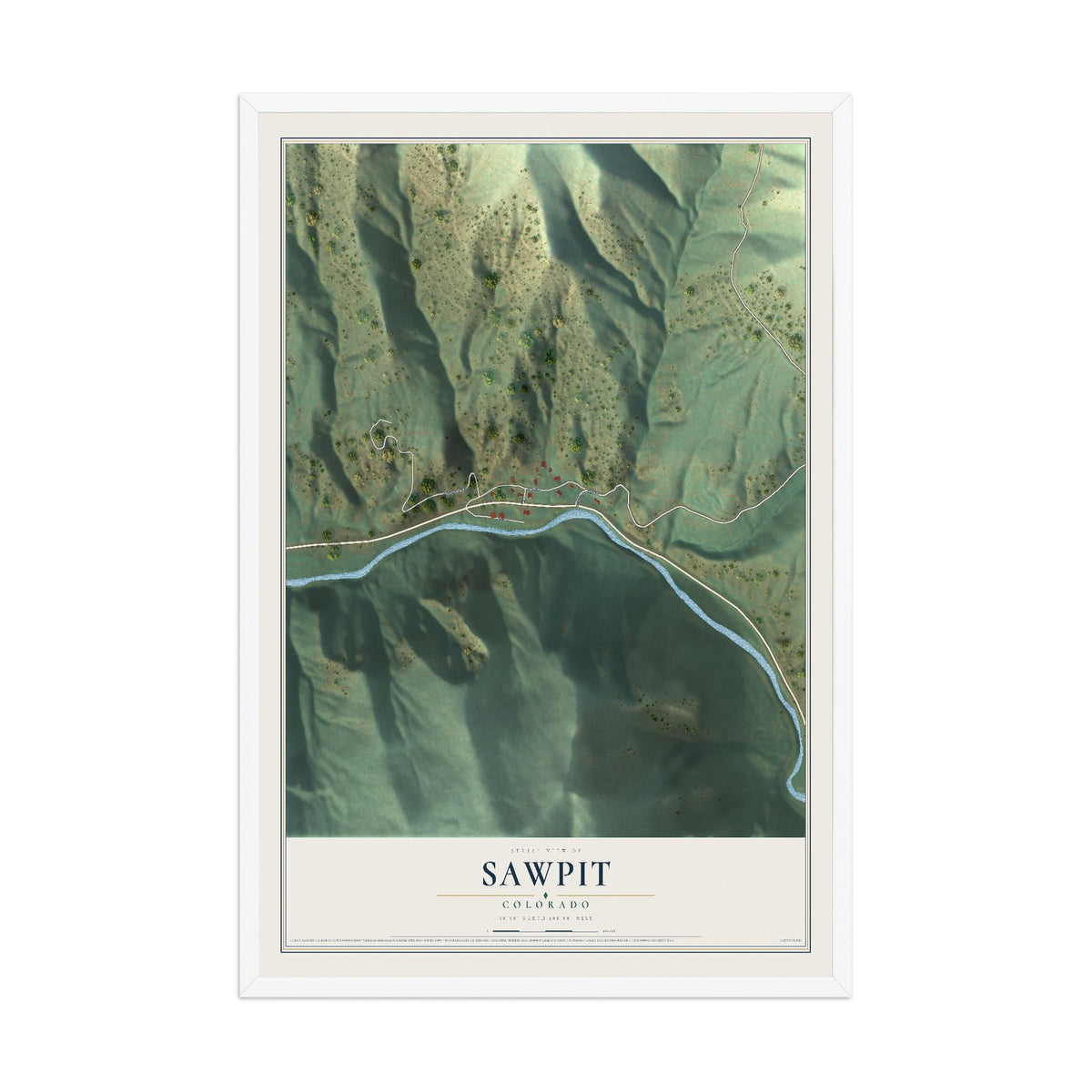 Map of Sawpit, Colorado, 12 x 18 inch print in a white wood frame