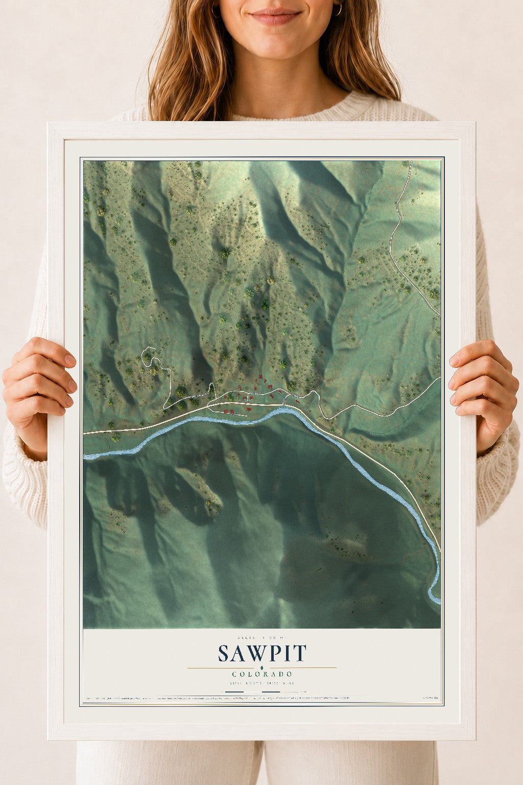 Map of Sawpit, Colorado, 18 x 24 inch print in a white wood frame