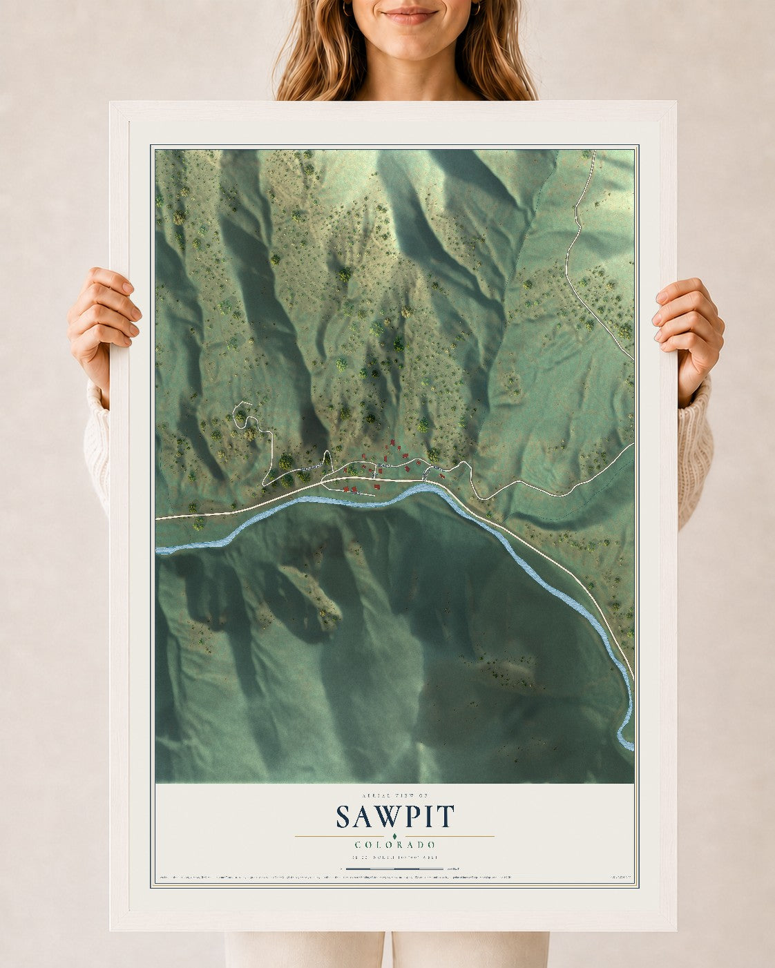 Map of Sawpit, Colorado, 24 x 36 inch print in a white wood frame