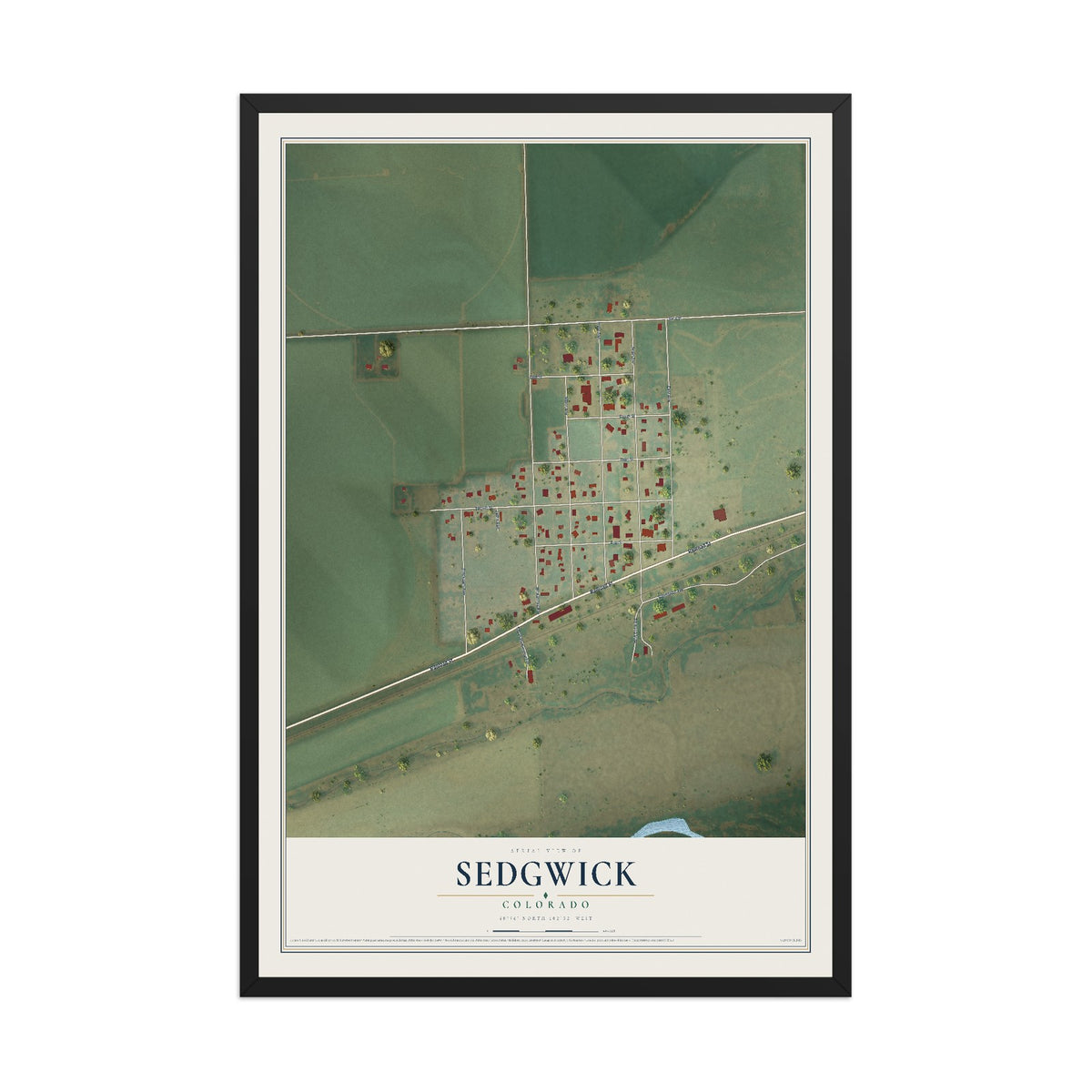 Map of Sedgwick, Colorado, 12 x 18 inch print in a black wood frame