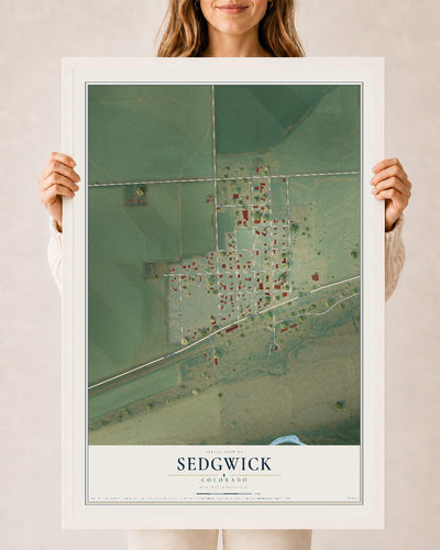 Map of Sedgwick, Colorado, 24 x 36 inch print in a white wood frame