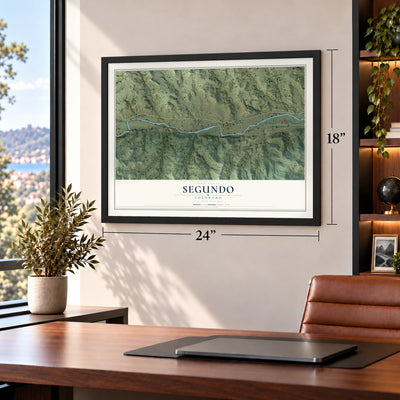 Segundo, Colorado map, 18 x 24 inch print in a black frame in a home office