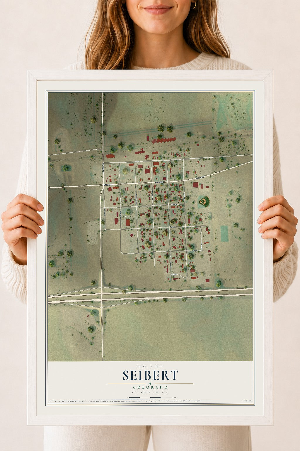 Map of Seibert, Colorado, 18 x 24 inch print in a white wood frame
