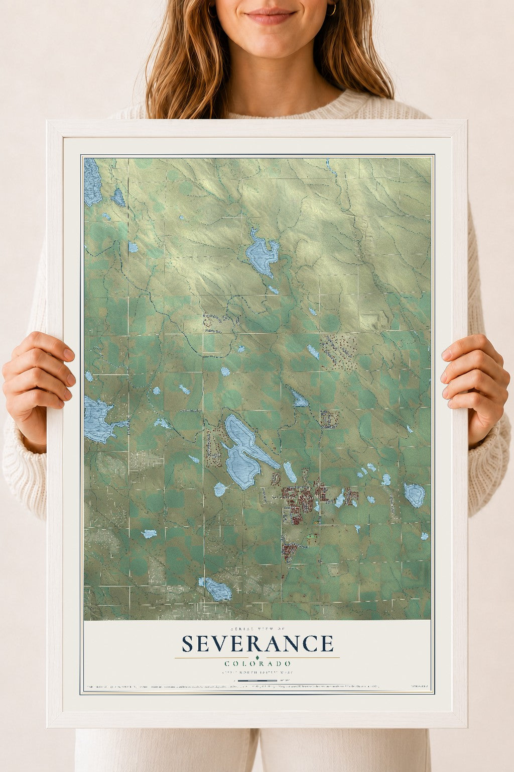 Map of Severance, Colorado, 18 x 24 inch print in a white wood frame