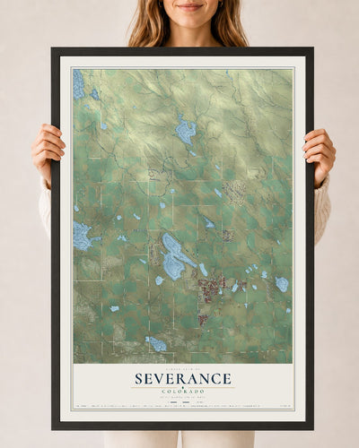 Map of Severance, Colorado, 24 x 36 inch print in a black wood frame