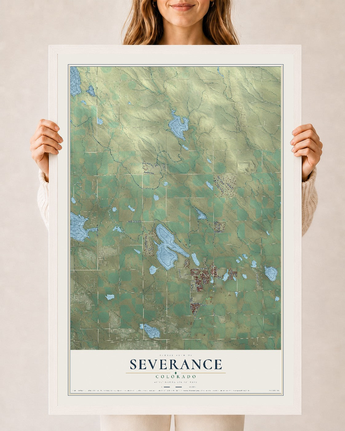 Map of Severance, Colorado, 24 x 36 inch print in a white wood frame