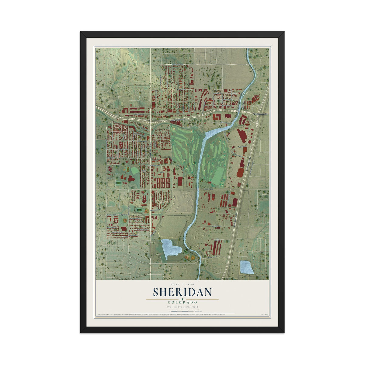 Map of Sheridan, Colorado, 12 x 18 inch print in a black wood frame