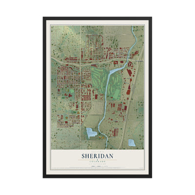 Map of Sheridan, Colorado, 12 x 18 inch print in a black wood frame
