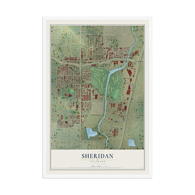 Map of Sheridan, Colorado, 12 x 18 inch print in a white wood frame