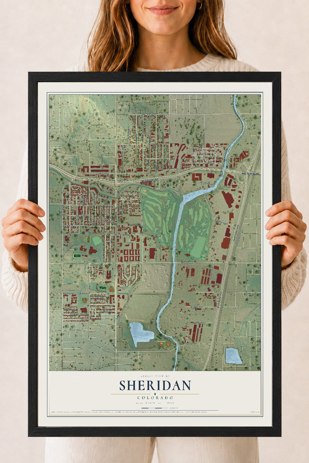 Map of Sheridan, Colorado, 18 x 24 inch print in a black wood frame